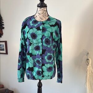 Isaac Mizrahi Green and Blue Floral Cardigan Sweater